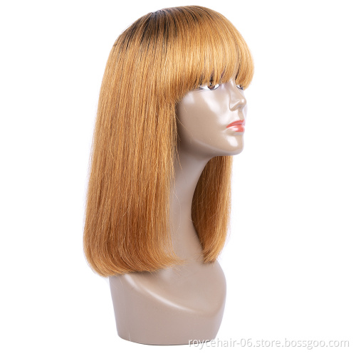 Peruvian Virgin Human Hair T1b 27 Colored Ombre Natural Blonde Short Straight Bob Wigs for Black Women with Bangs